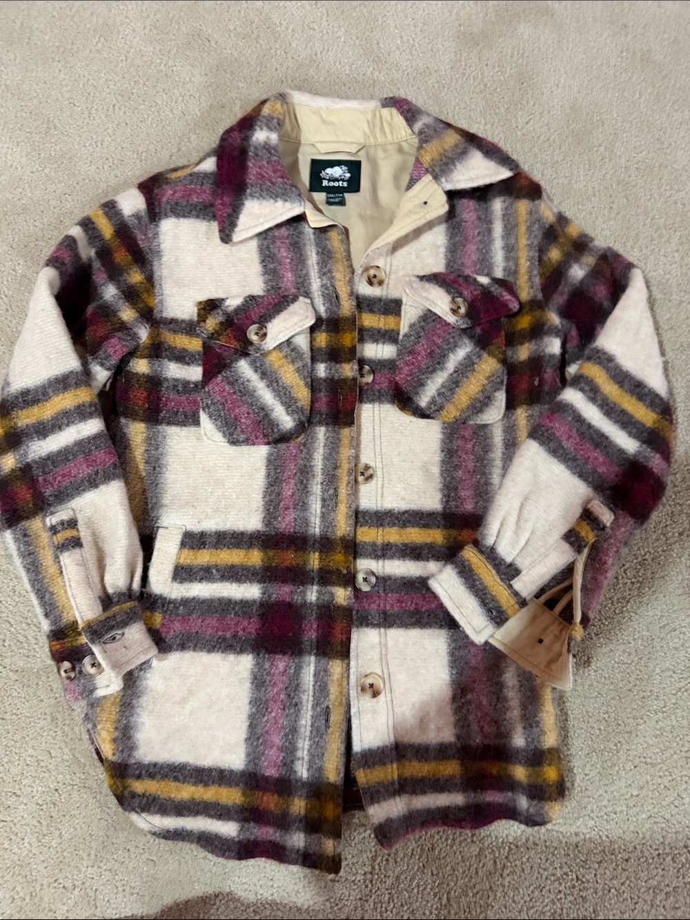 Roots Kids Plaid Wool-Blend Coat in Cream, Gray, Mustard & Burgundy